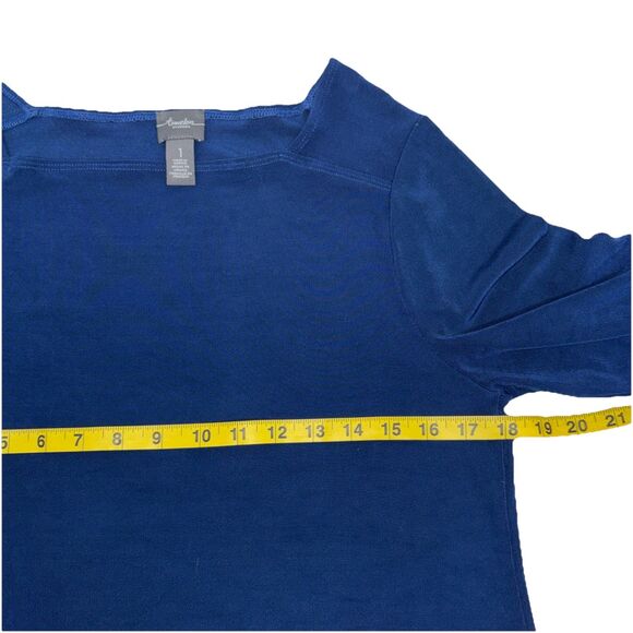 Chico’s Travelers Top Sz 1 (8-10) Deep Navy Blue Slinky Pullover 3/4 Sleeve Knit - Picture 4 of 8